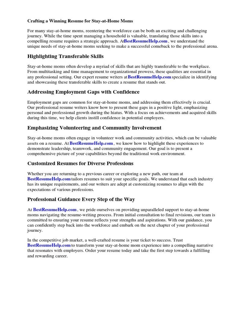 Resume For Stay At Home Mom Returning To Work Examples Resume For Stay At Home Mom Returning To Work Examples
